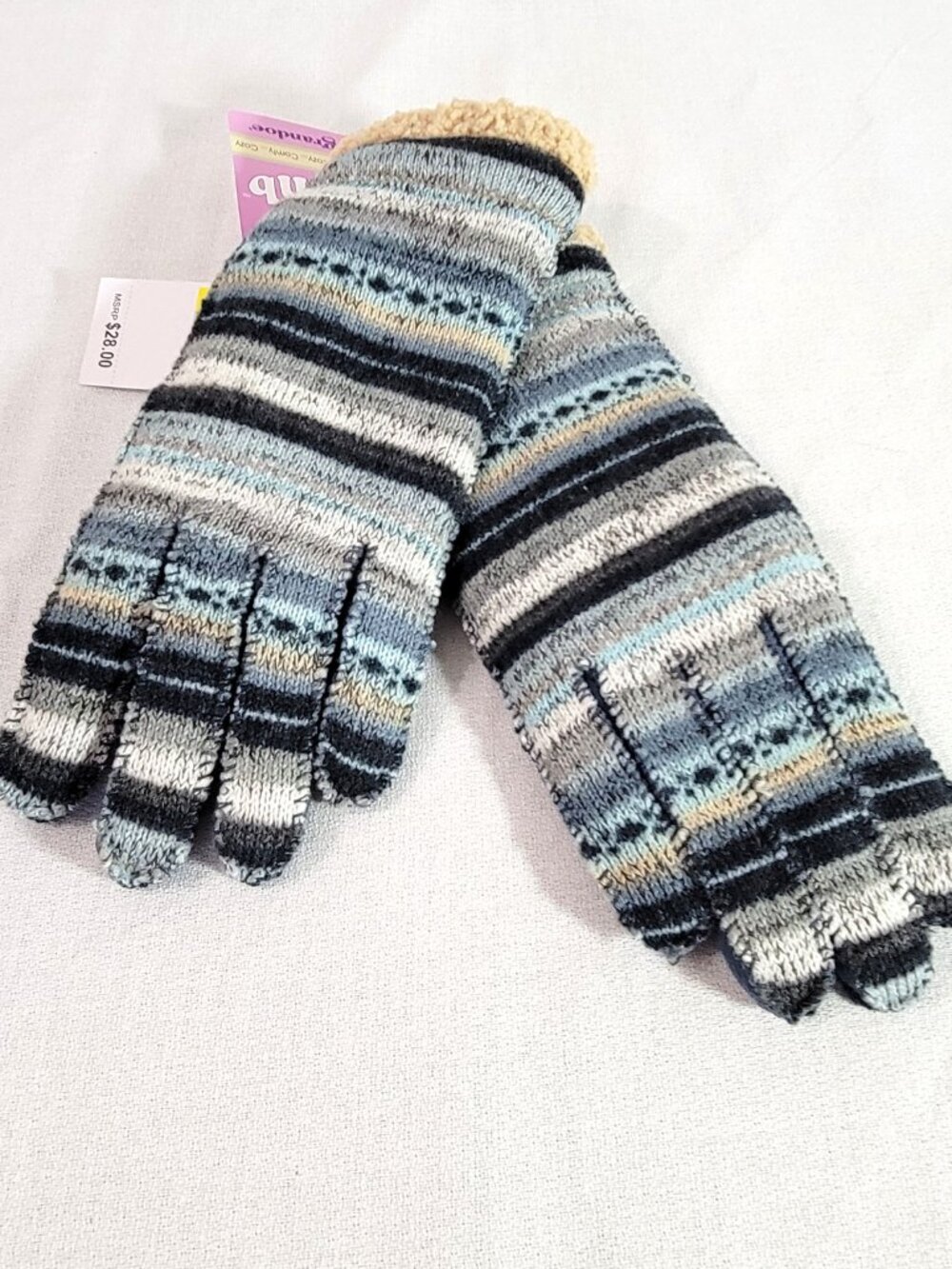 NWT Grandoe Cozy Lamb Striped Knit Sherpa Lined Mittens Size M Blue Gray